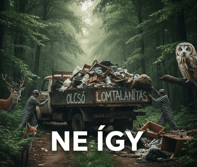 Kép, ami az illegális lomtalanítás veszélyeire hívja fel a figyelmet. Rabruhás férfiak egy túlpakolt teherautóról szemetet borítanak az erdőbe, "OLCSÓ LOMTALANÍTÁS" felirattal. Állatok (szarvas, róka, bagoly) figyelik a pusztítást. A kép alján "NE ÍGY" felirat. Környezetszennyezés és felelőtlen hulladéklerakás.