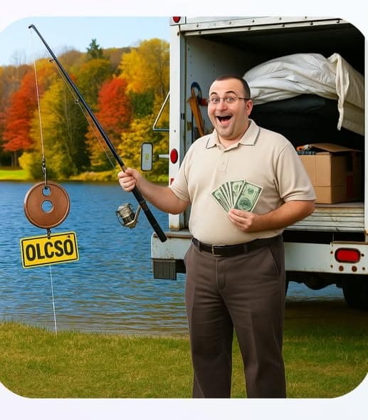 Költöztetőnek öltözött férfi horgászbotot tart, amin az OLCSÓ tábla lóg csaliként, másik kezében pénzköteget tart – a rejtett költségek szimbóluma.